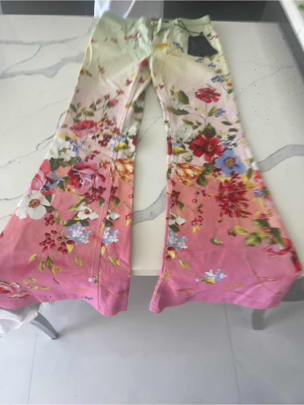 Roberto Cavalli Floral Ombre Bell-Bottom Jeans in Pink and Cream MRKP $1000